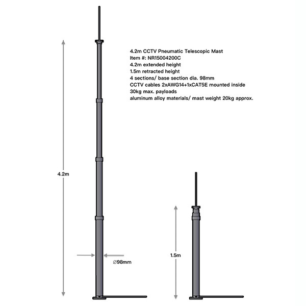 4.2m pneumatic telescopic mast for mobile CCTV trailer 1.5m retracted height CCTV mast electric air compressor driven